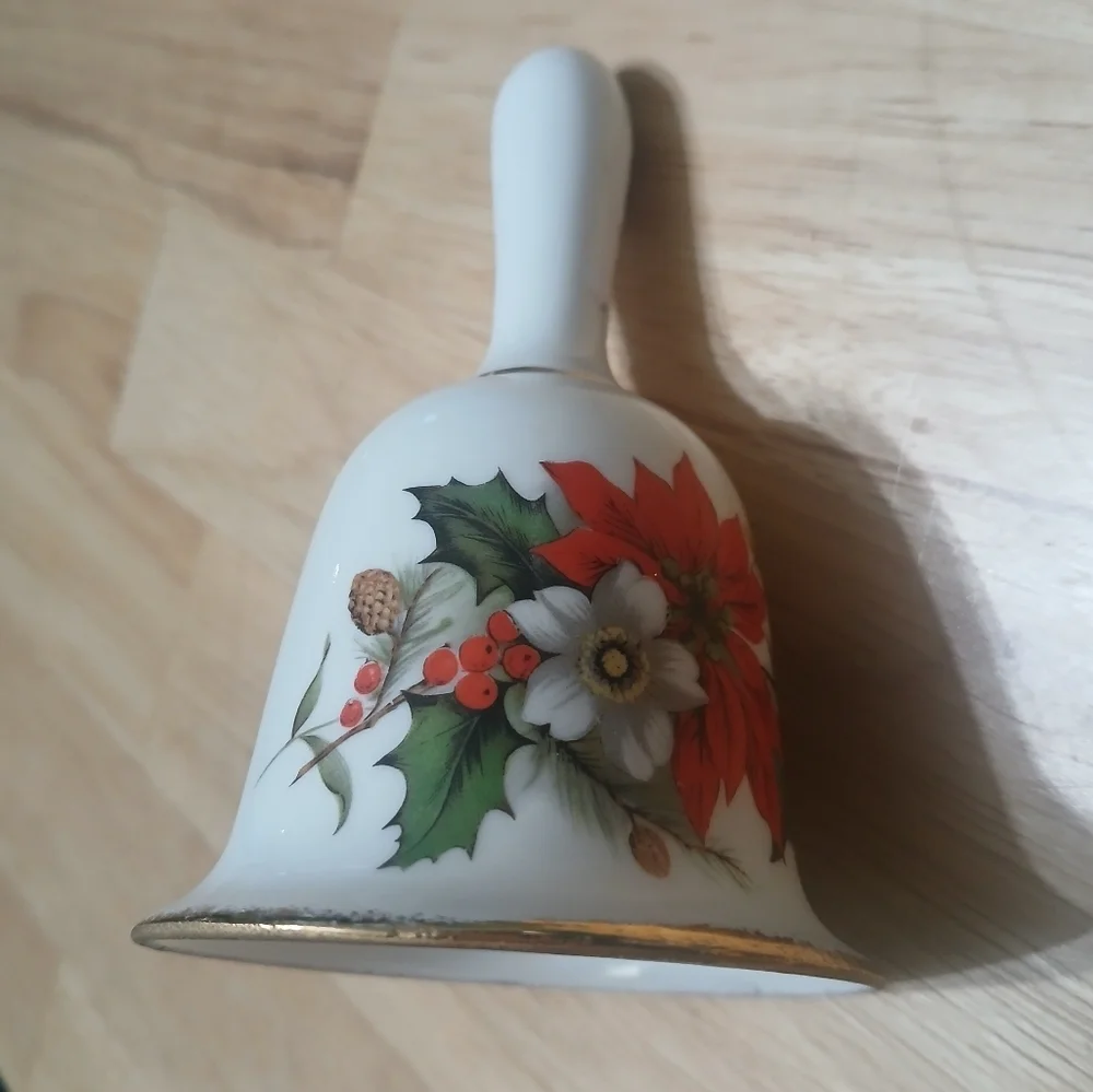 Vintage Festive Holiday Bell Genuine Fine Bone China Poinsettia Taiwan 1960's